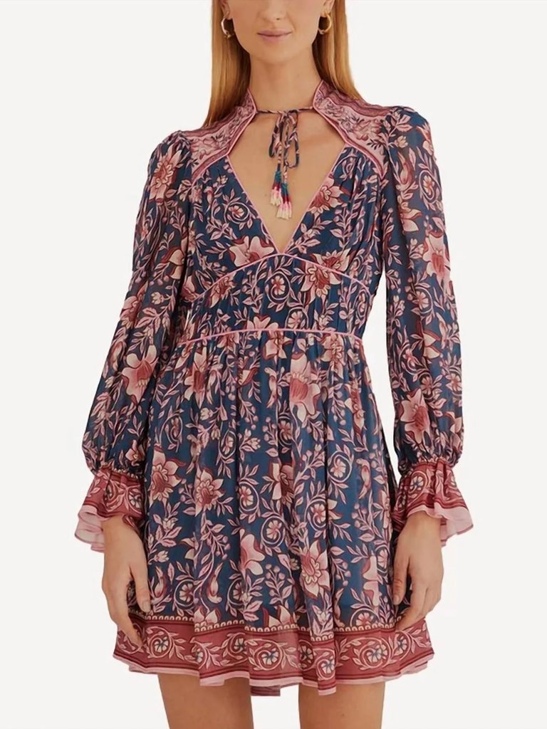 Farm Rio 'Ainika Charm' Floral-Print Long-Sleeve Mini-Dress, Teal Multi